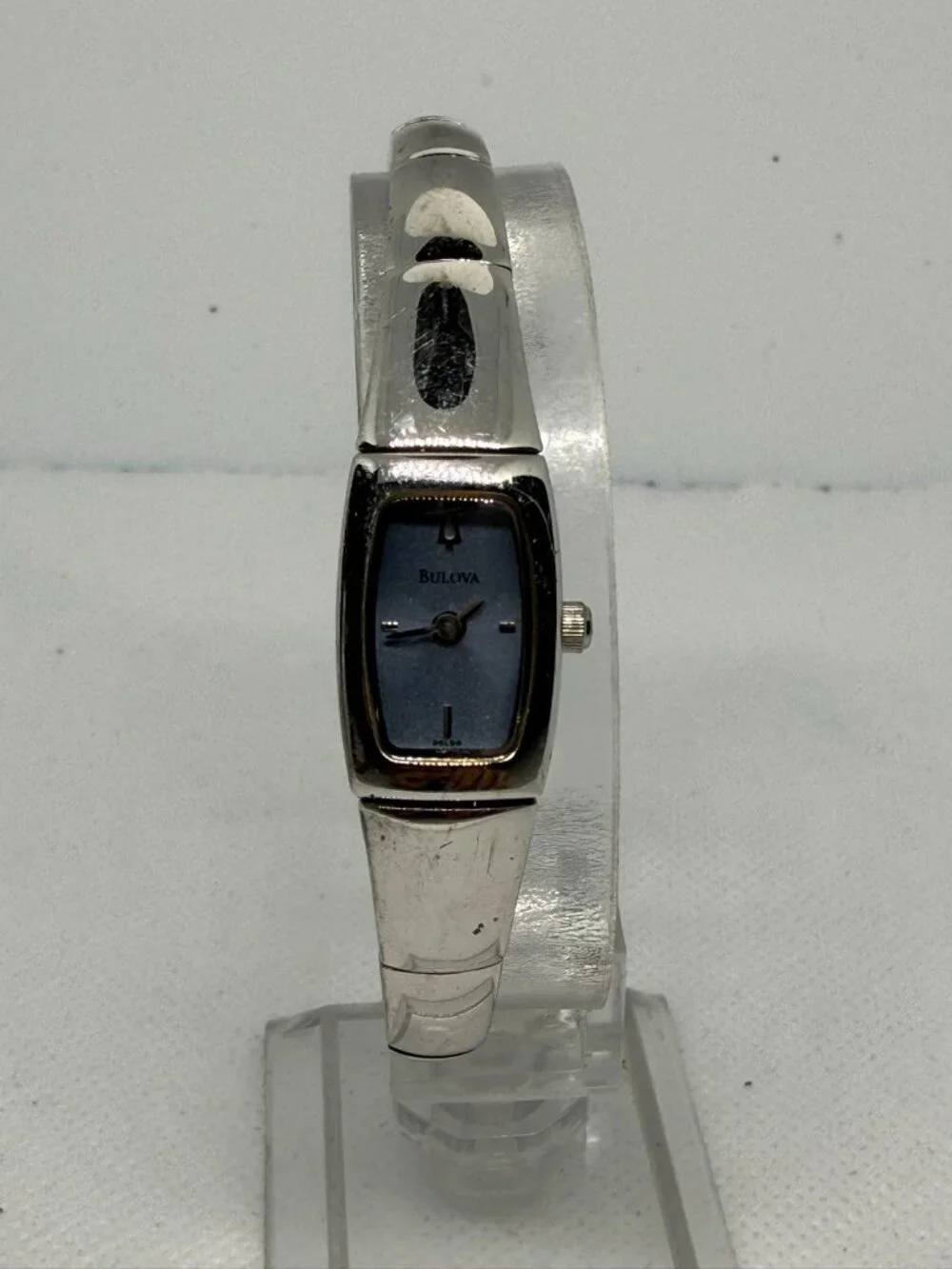 Bulova 96L98 Women's Bracelet Watch Silver-Tone Bangle Blue Sparkle Dial